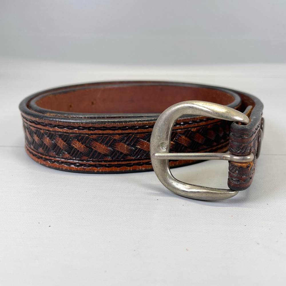 C.L. Embossed Belt Mens Size 34 Brown Genuine Leather Western Silver Tone Buckle